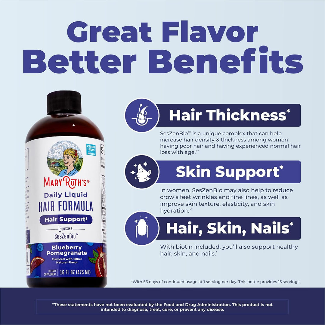 Daily Liquid Hair Formula | with 500 Mg Seszenbio™ + 2,500 Mcg Biotin | Vitamin C | Thicker, Stronger Hair for Women | Hair, Skin, &amp; Nail Health | Collagen Production | 16 Fl Oz