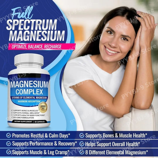 Full Spectrum Magnesium Blend 1000Mg Featuring 8 Essential Types for Body Function Balance, Active Lifestyle Support 90 Capsules