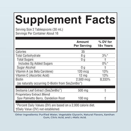 Daily Liquid Hair Formula | with 500 Mg Seszenbio™ + 2,500 Mcg Biotin | Vitamin C | Thicker, Stronger Hair for Women | Hair, Skin, &amp; Nail Health | Collagen Production | 16 Fl Oz